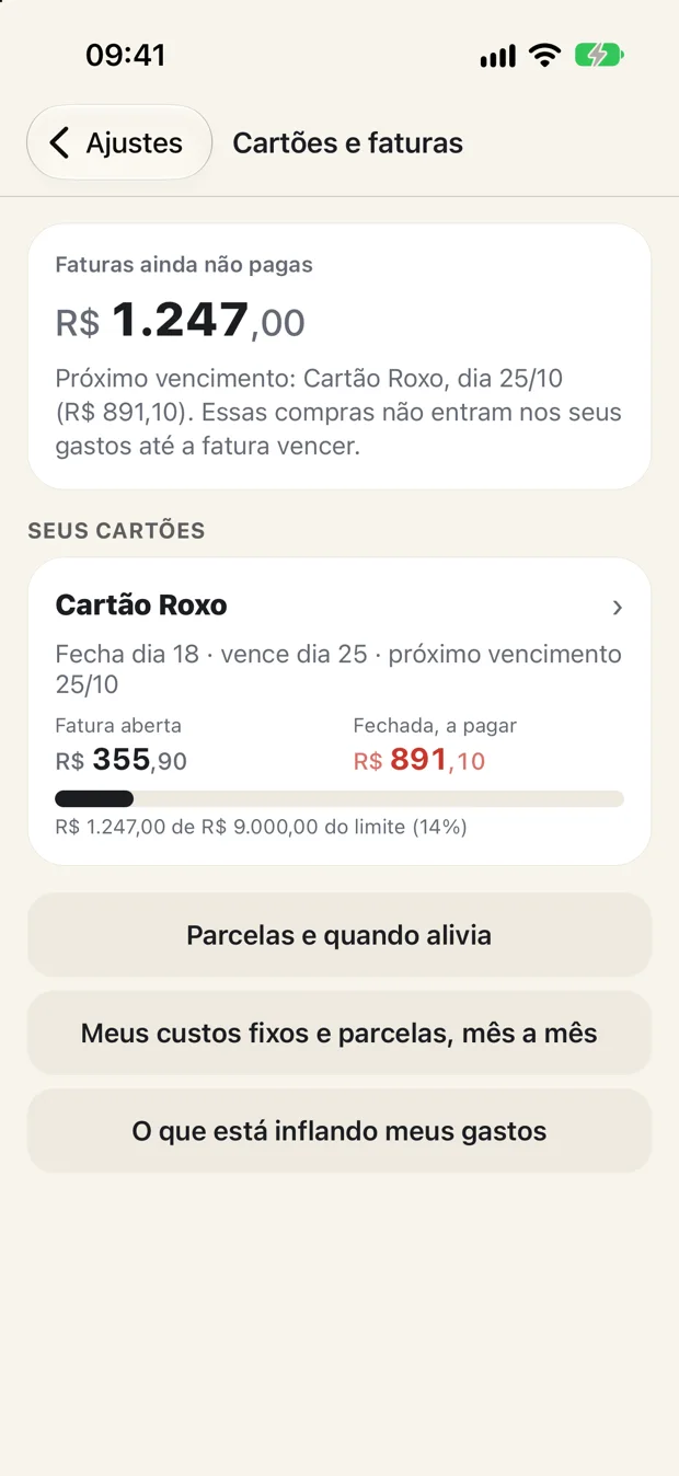 Tela Cartões e faturas do Ricco