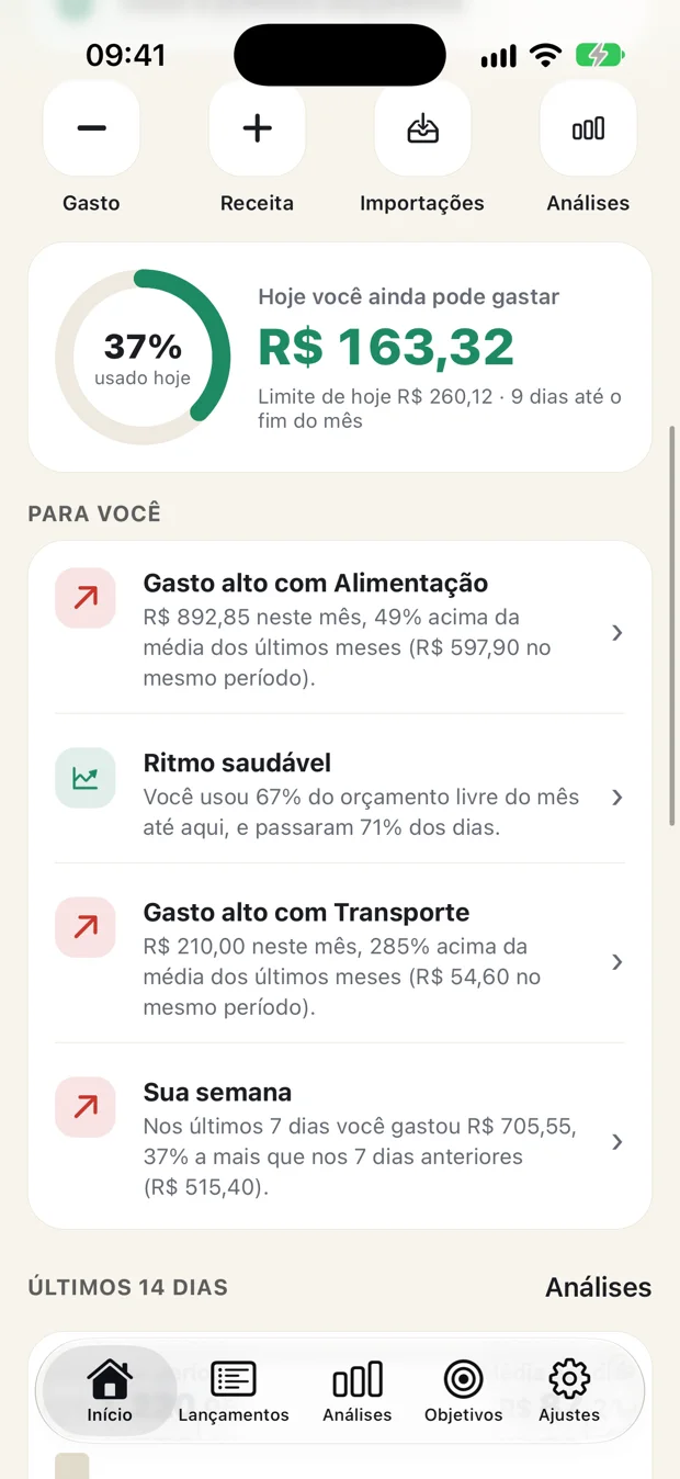 Tela do Ricco mostrando quanto você ainda pode gastar hoje e dicas personalizadas